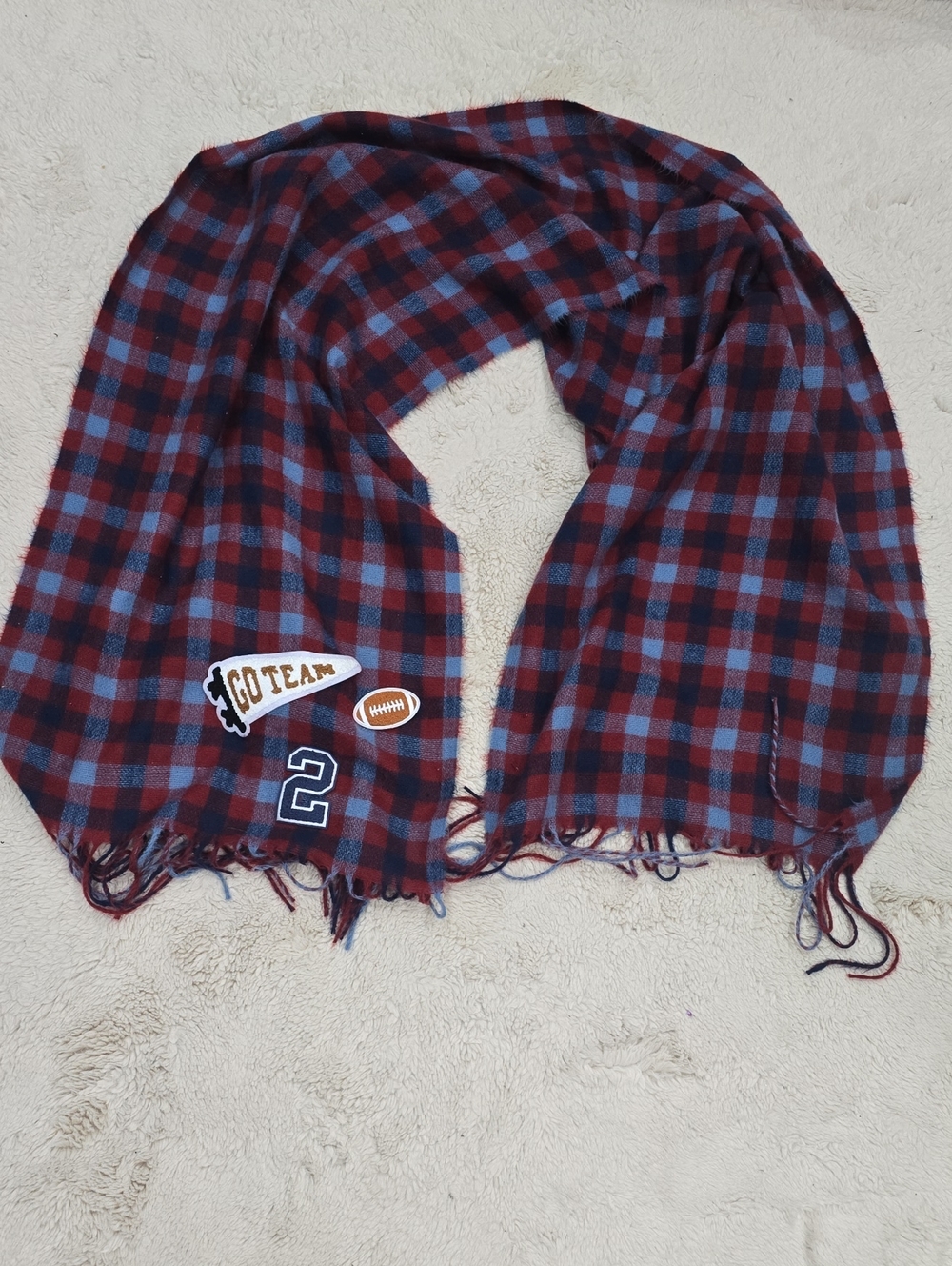 Plaid Fringe Scarlet & Steel Blue Scarf with Sports Patch
